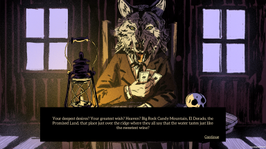 A screenshot from the game. A skeleton with a hobo bindle and a hat walking next to the Mississippi River at night.
